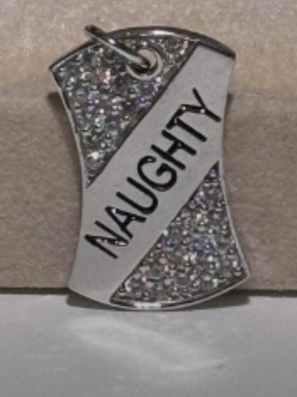 🇫🇷✨ .925 Sterling Silver “Naughty” Pavé Crystal Dog Tag Charm ✨ 🇫🇷